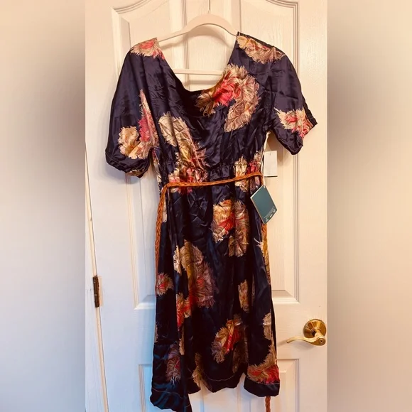 Schone Maternity Feather Blue Mini Dress w Orange Belt NEW Women’s Size L - Picture 3 of 10